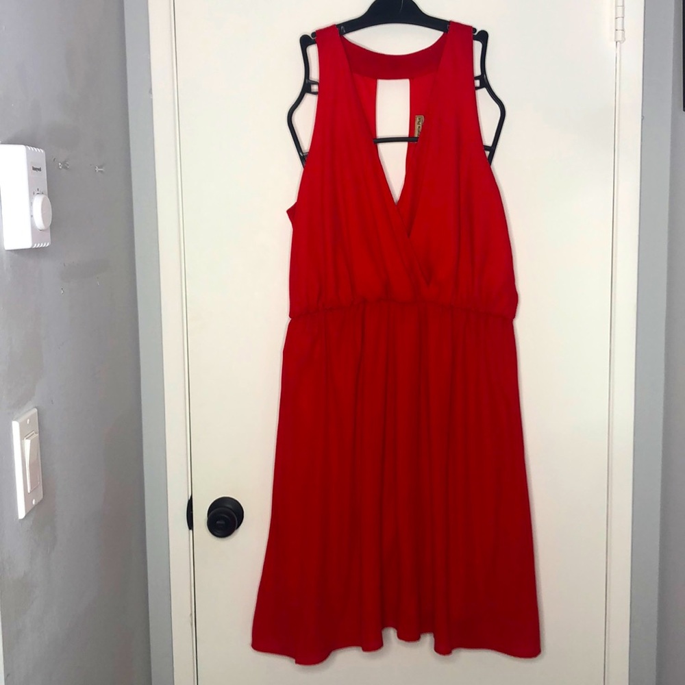 Red wrap style dress with keyhole back
